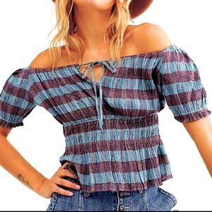 Free People smocked off shoulder plaid peplum peasant top with tie front Sz XS